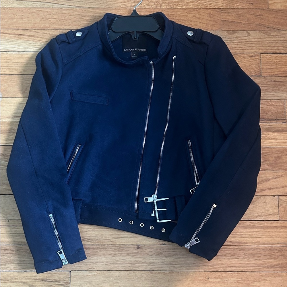 Banana Republic Navy Asymmetrical Biker Jacket with Silver Hardware